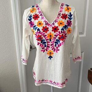 Pagoda Vibrant Multi color Floral Embroidered White Tunic NWOT